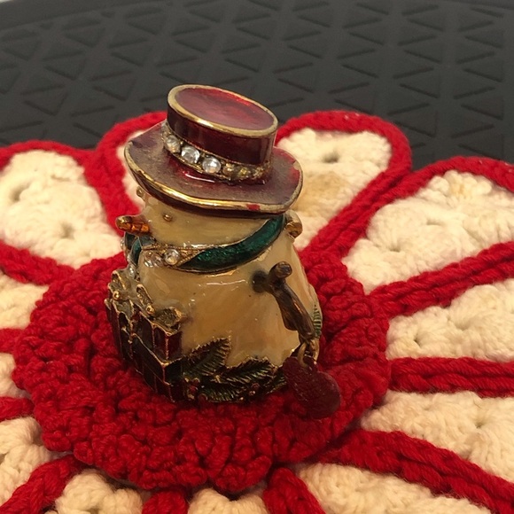 VTG Monet Enameled Hinged Snowman Trinket Box with Rhinestones Hanging Heart - Picture 9 of 11